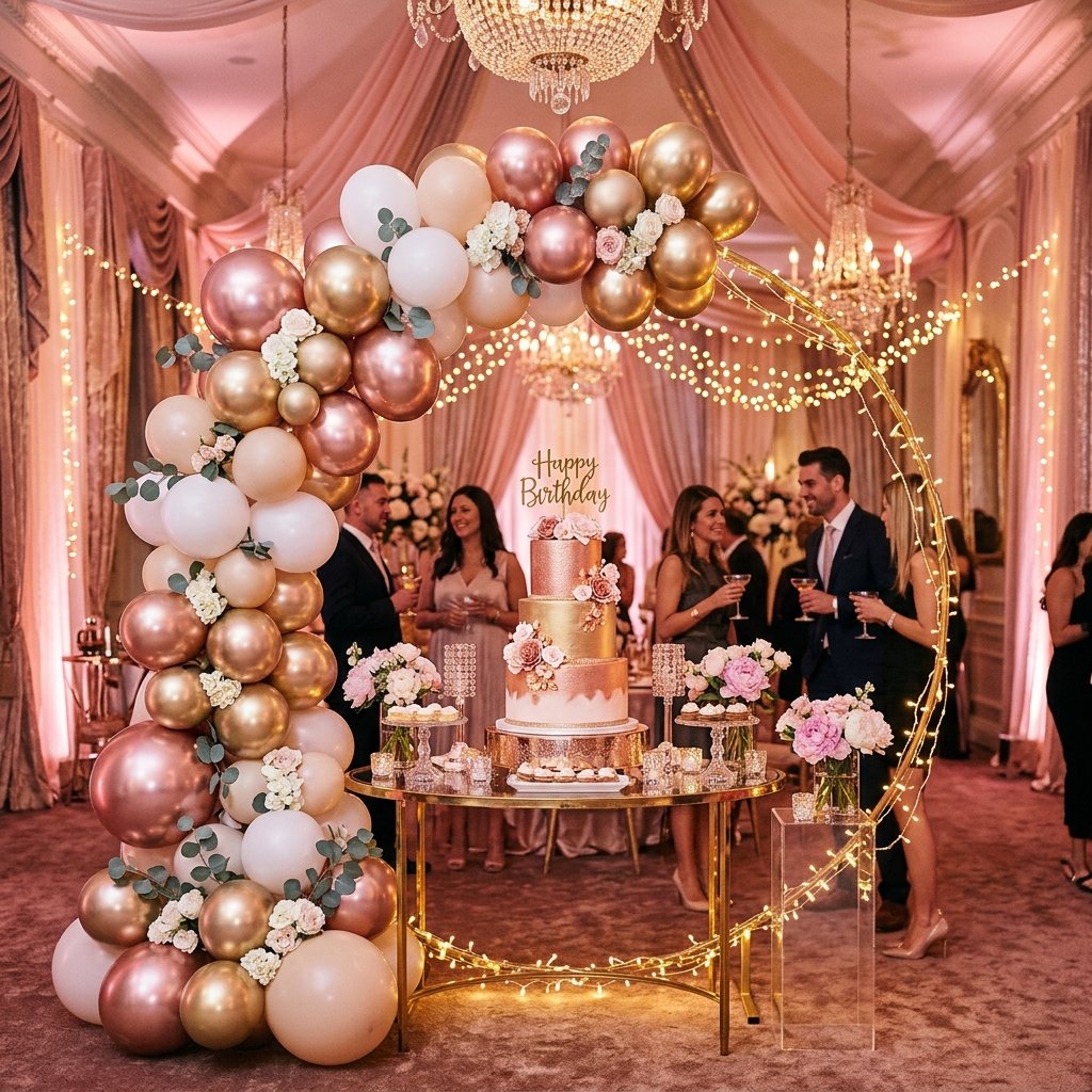 Decoración de fiesta en oro rosa y dorado